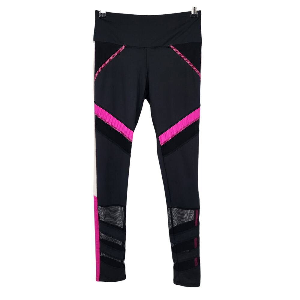 Lucky in Love Black Mesh Panel Leggings Elastic Waist Pink White Size Small